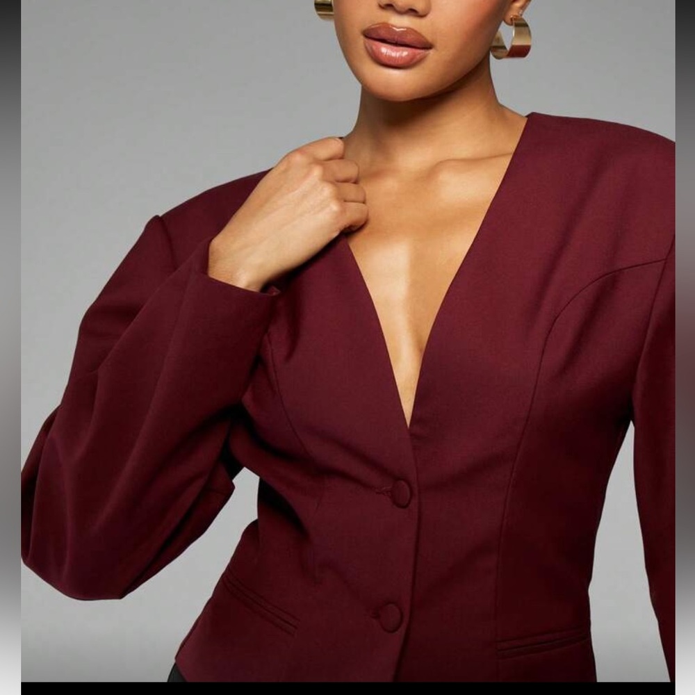 V neck burgundy maroon button front collarless blazer cardigan puff sleeve - Picture 4 of 5
